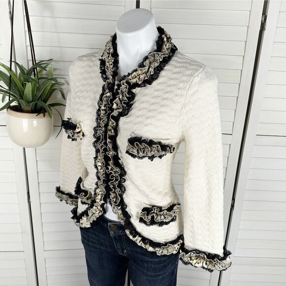 Michael Simon Knit Ruffle Cardigan Sweater Jacket Hook‎ Eye Cream Black Size S - Picture 1 of 10